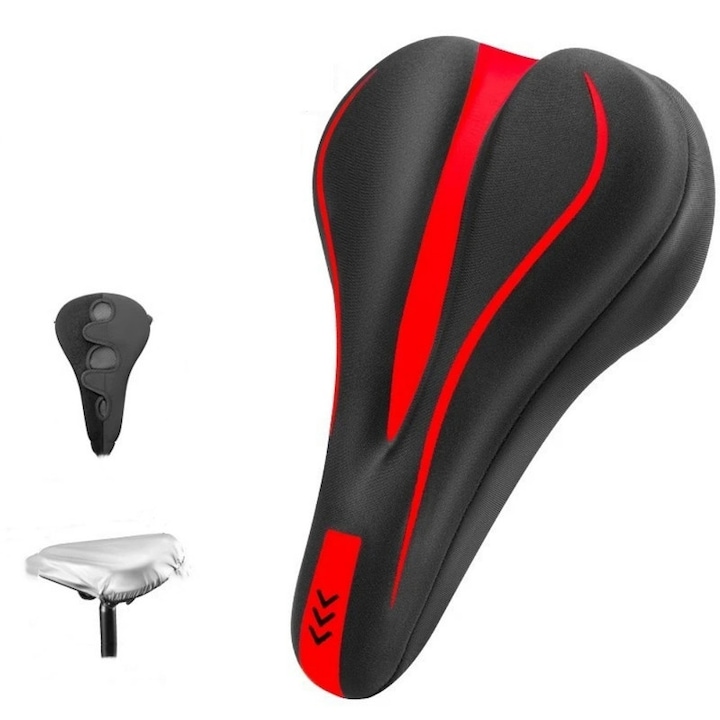 Kerékpárnyereg huzat, Xiusaqio®, Esővédővel, Szilikagél és memóriahab, tépőzáras rögzítés, eső- és porvédelem, csúszásgátló, ütésálló, vastagított, 28x18cm, Piros