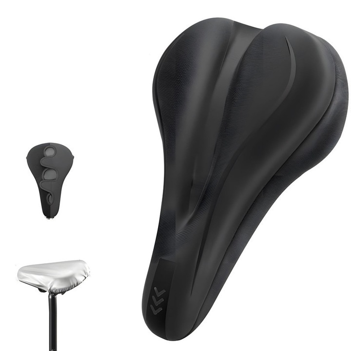 Kerékpárnyereg huzat, Xiusaqio®, Esővédővel, Szilikagél és memóriahab, tépőzáras rögzítés, eső- és porvédelem, csúszásmentes, ütésálló, vastagított, 28x18 cm, fekete