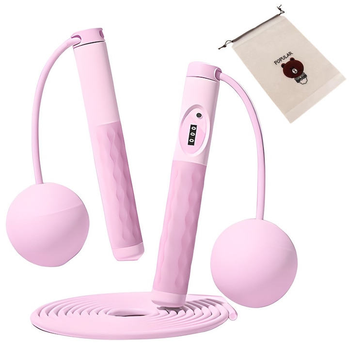 Corzi sarituri set, Xiusaqio, cu bila grea, moduri fara fir si cu fir, manere ergonomice, 2x manere, 2x bila, 1x sfoara, 1x manual, 1x geanta de depozitare, roz
