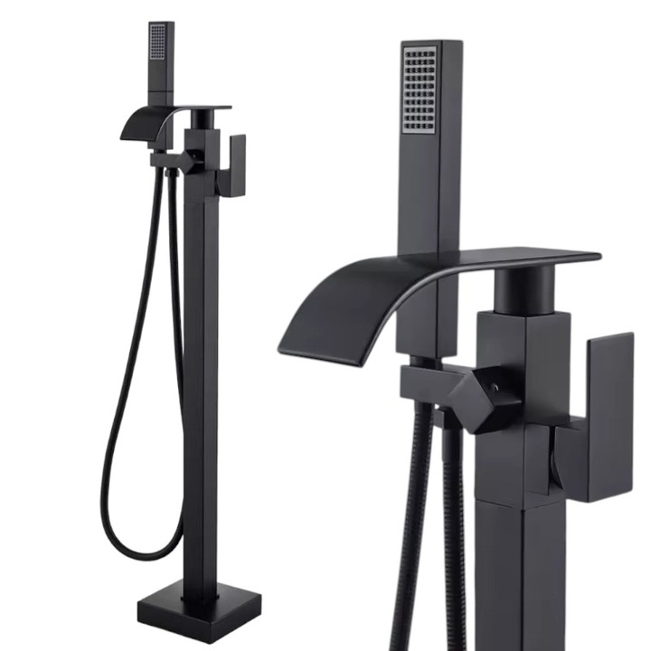 Baterie Baie pentru Cada BisDesign®, Montaj Podea, Tip Freestanding, Cadru Patrat, Finisaj Negru Mat, Pipa Cascada Lata, Dimensiune 98 cm