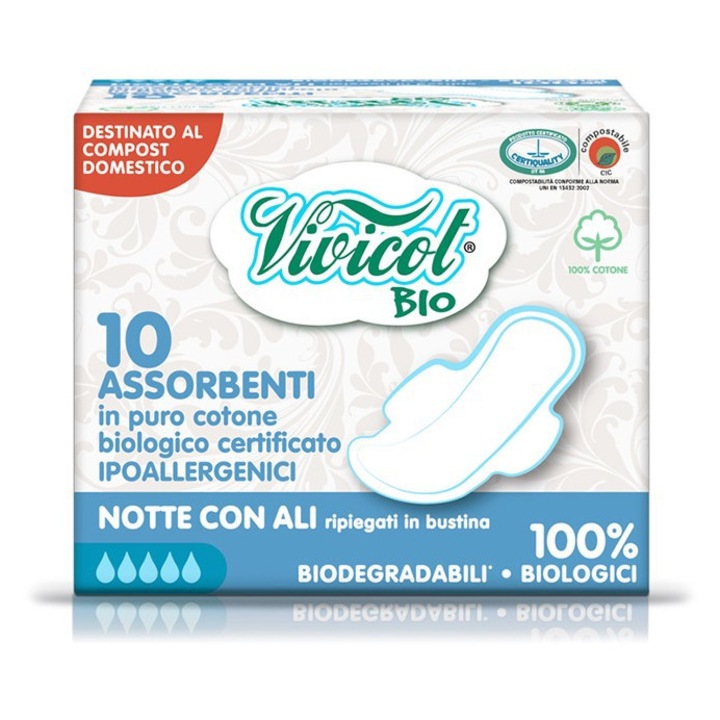Absorbante biodegradabile Vivicot BIO, bumbac organic, hipoalergenice, 10 bucati, 21x7cm, alb