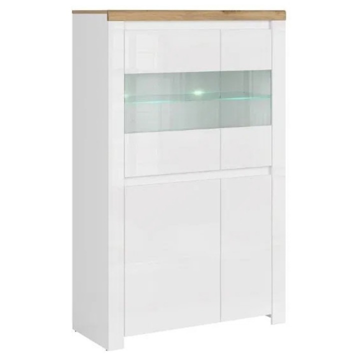 Vitrina joasa Expomob VIGO, 4 usi, geam, dimensiune 98x41,5x156,5 cm, culoare alb + stejar wotan
