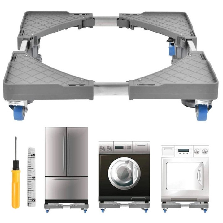 Регулируема мобилна стойка PowerTech, с колелца и противоплъзгаща система за Пералня, Сушилня, Готварска печка, Хладилник, до 400 кг, Регулируема височина, Сив