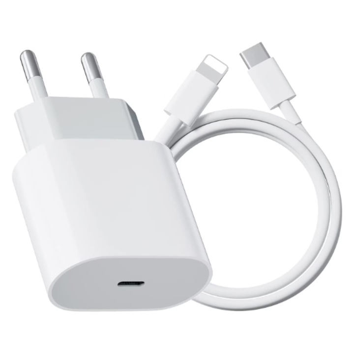 Incarcator compatibil cu iPhone 14/13/12/11/Pro/Pro Max/iPad/AirPods, cablu de date Lightning, Fast charge 20W, Alb