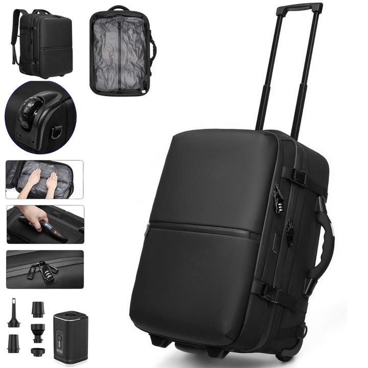 Rucsac Troler cu Vacum, Multifunctional cu Roti 2 in 1, Ghiozdan de Capacitate Mare –, Sistem de Vidat +50% Spatiu, Ideal pentru Calatorii, Sistem troler telescopic, Compartimente Multiple Laptop & Accesorii, Bagaj Cabina Avion, Port USB, 52x34x30 cm