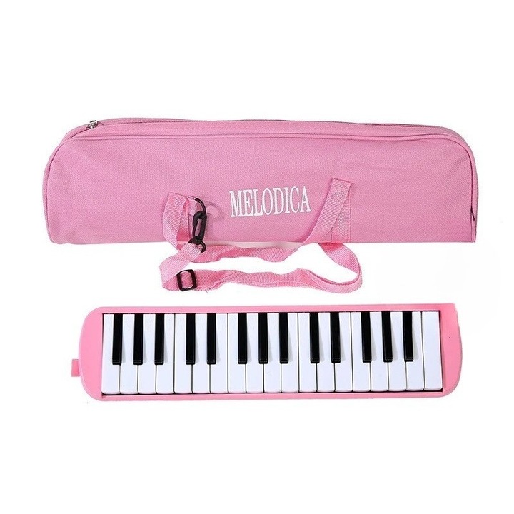Muzicuta Melodica 32 Clape, Flippy, din ABS, pentru Incepatori, 45 x 13 x 7 cm, Include Husa si Suflator, Roz