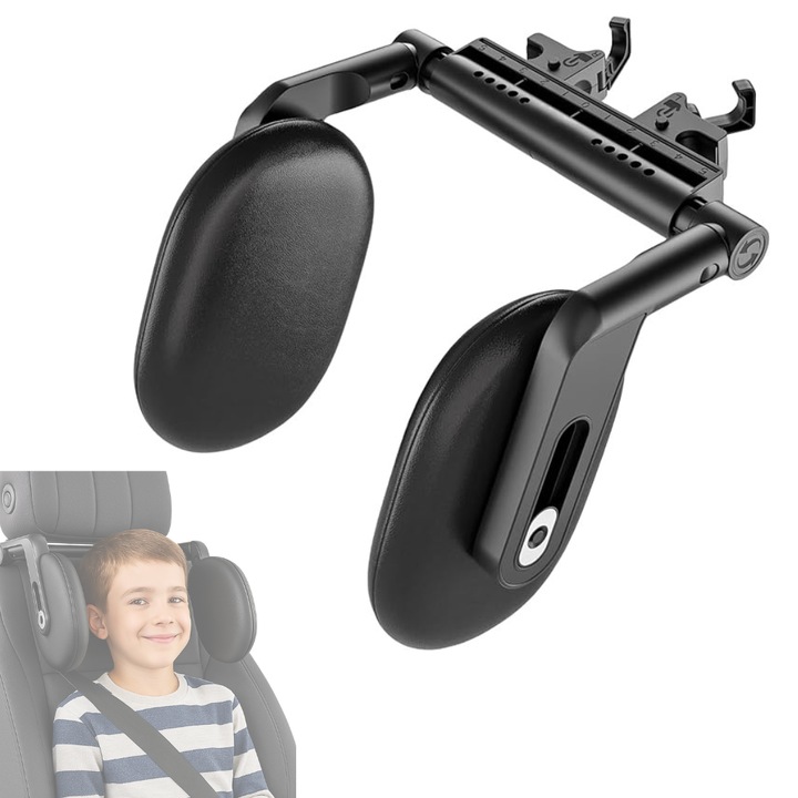 Tetiera auto copii ZEQAS, suport cap reglabil, piele neagra, montaj usor pe tetiera, confort in timpul somnului, pentru scaun auto cu bara reglabila