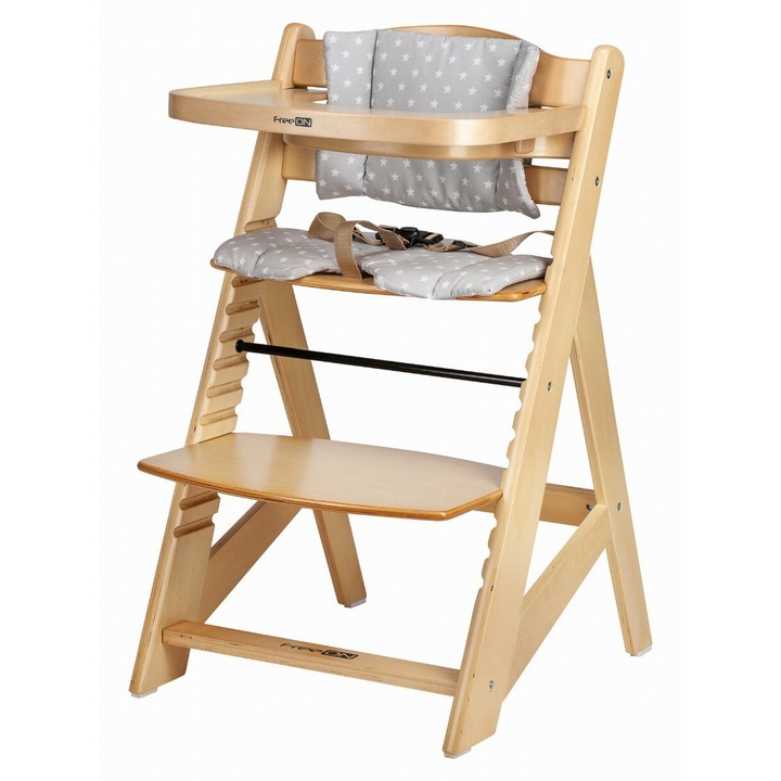 Стол за хранене, FreeON, Toby Plus, 6 месеца - 15 кг, Регулируем на височина, Възглавничка, Подвижна табла, Регулируема поставка за крачета, Натурален