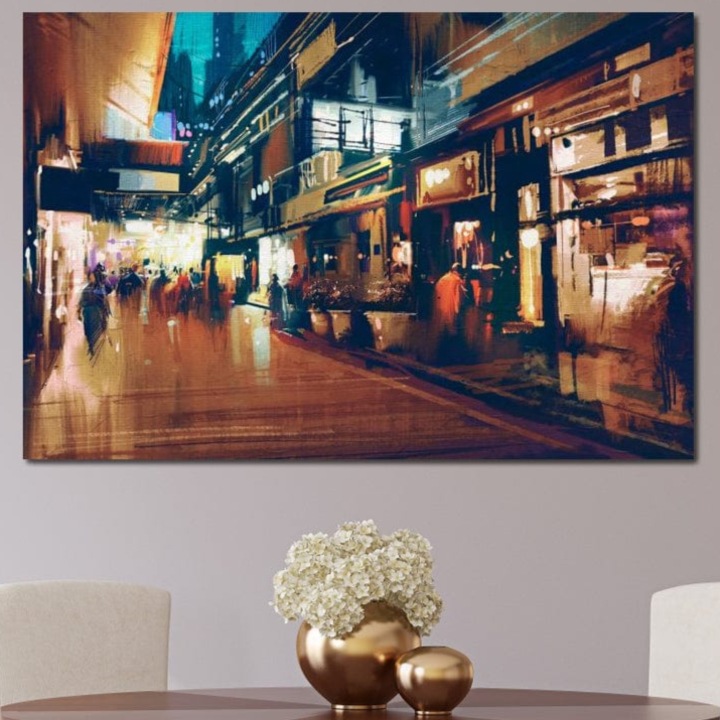 Картина върху платно, LuxCanva® O1020, Алеите на Живота, 40 X 60 СМ, 100% Памучно Платно 400гр/м2, Подрамка, Дърво, Вибриращ, Динамичен, Топъл, Оживен, Съвременен, Електрически, Живописен, Нощен, Залез, Град, Булевард, Квартал, Блясък, Офис, Хол, Спалня