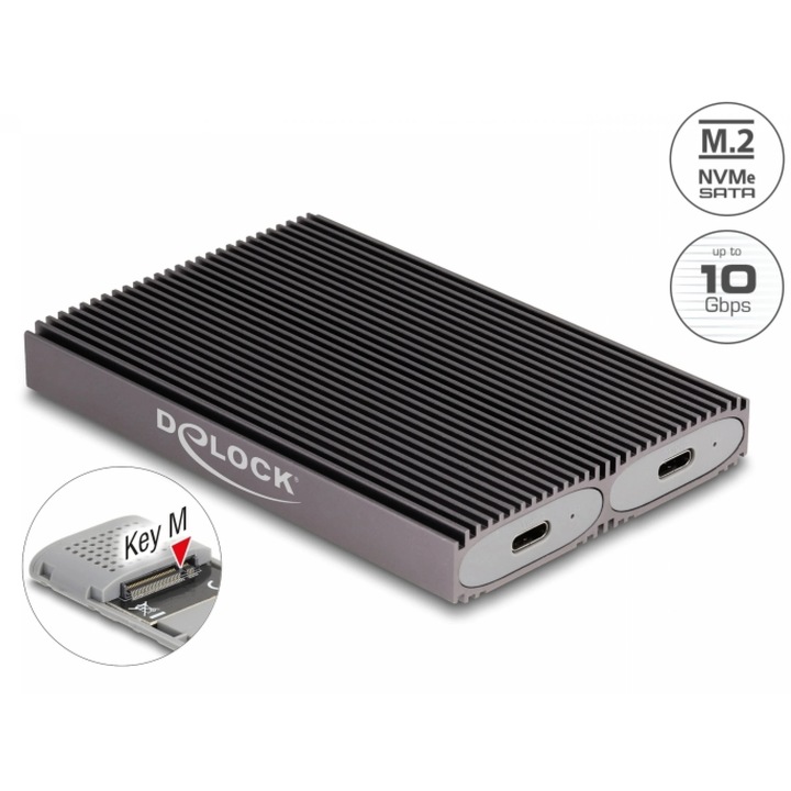 Външна кутия двоен комбиниран USB тип C за 2 x M.2 NVMe PCIe/SATA SSD - без инструменти, Delock 42028