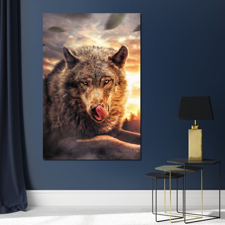 Картина канава Премиум, LuxCanva® M1459, Инстинкт за оцеляване, 40 X 60 СМ, Платно 100% Памук 400гр/м2, Дървена подрамка, Вълк, Див, Животно, Фламандски, Лов, Плячка, Желание, Залез, Природа, Портрет, Офис, Хол, Детска стая