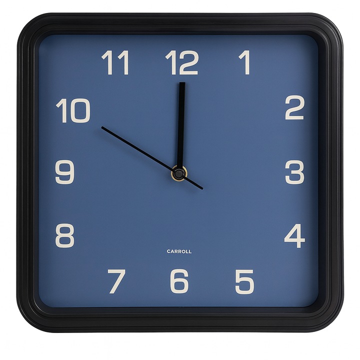 Ceas de Perete Patrat 23cm, Cadran Albastru, Cifre Vizibile, Rama Neagra Eleganta