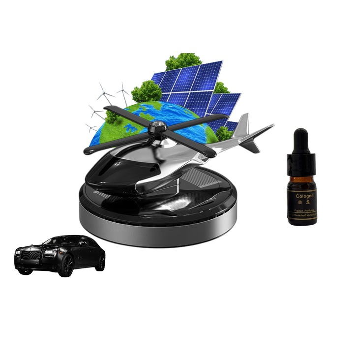 Odorizant auto solar in forma de elicopter, baza antiderapanta, ulei esential + pipeta incluse