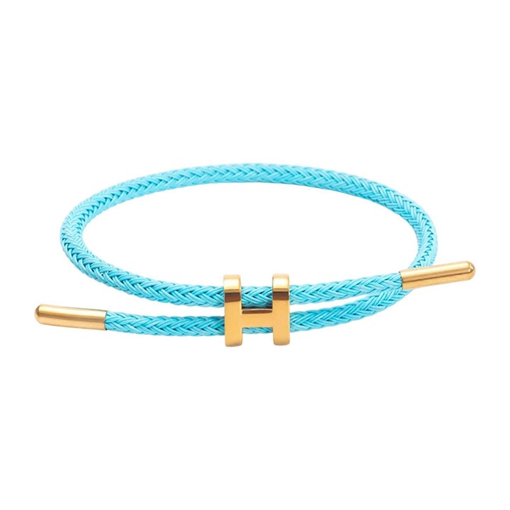 Bratara din otel inoxidabil cu design ajustabil si catarama H, placata cu aur de 18k, 23cm, albastru marin