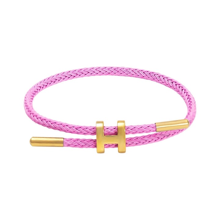 Bratara din otel inoxidabil cu design ajustabil si catarama H, placata cu aur de 18k, 23cm, roz