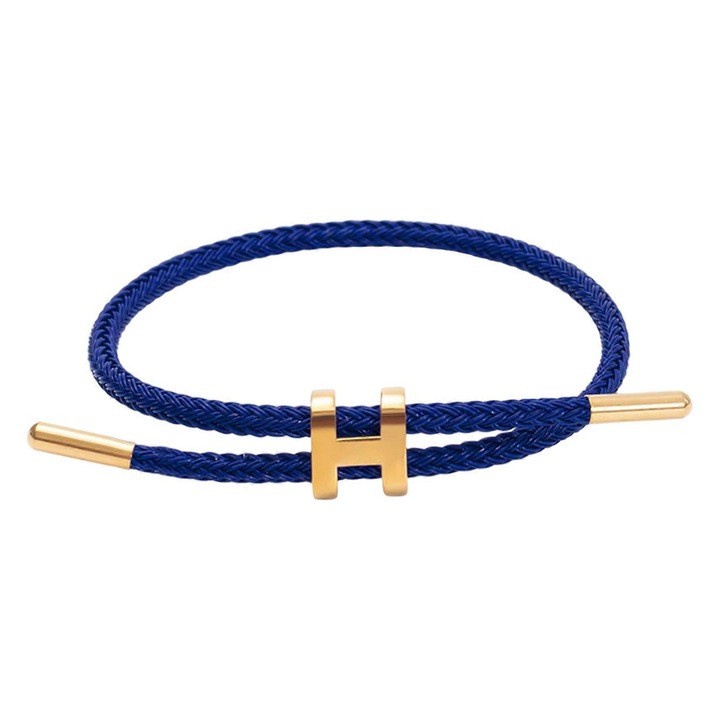 Bratara din inox design ajustabil, catarama in forma de H, aur 18k, 23cm, albastru inchis