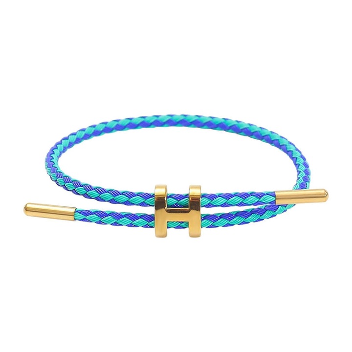 Bratara ajustabila din otel inoxidabil cu catarama H, placata cu aur de 18k, 23cm, albastru marin