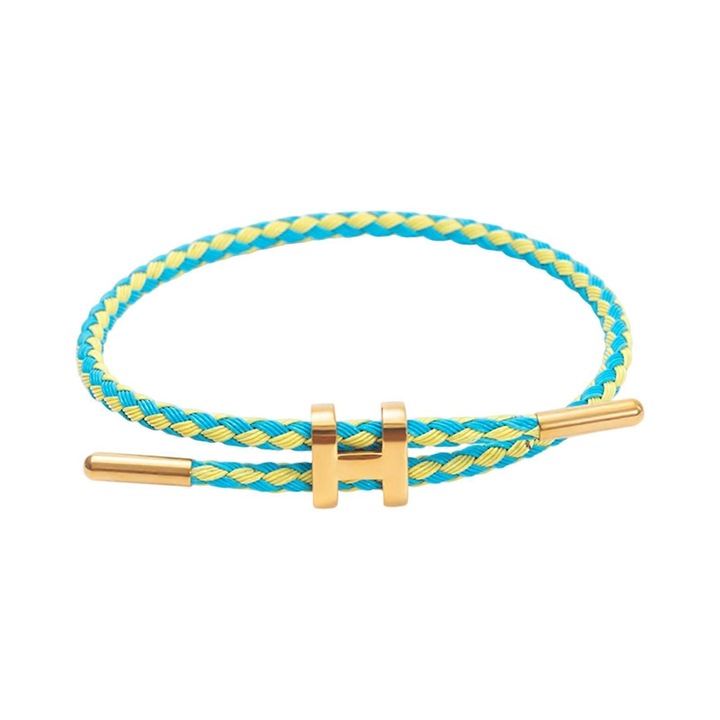 Bratara ajustabila din otel inoxidabil cu catarama H placata cu aur de 18k, 23cm, galben-albastru