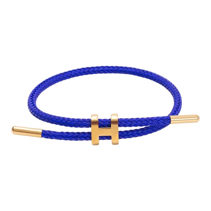 Bratara din otel inoxidabil cu design ajustabil si catarama H, placata cu aur de 18k, 23cm, albastru inchis