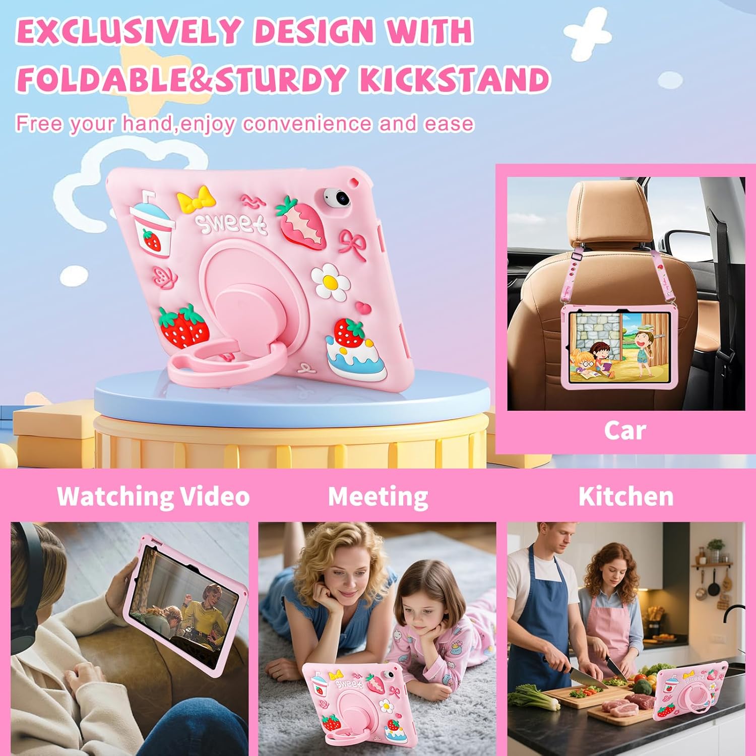 Husa de protectie pentru iPad Gen 11 (A16) de 11inch si iPad Gen 10 10, 9 inch, cu stand tip inel pliabil si rotativ, curea de umar detasabila, rezistenta la socuri, roz