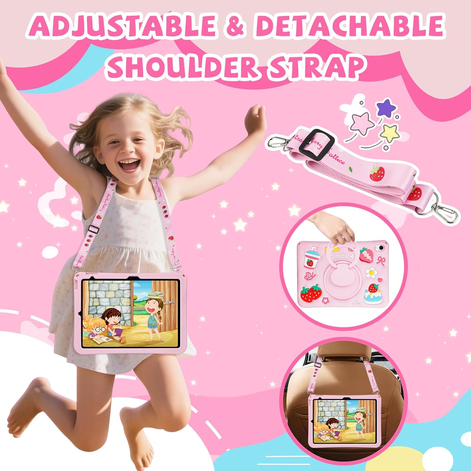 Husa de protectie pentru iPad Gen 11 (A16) de 11inch si iPad Gen 10 10, 9 inch, cu stand tip inel pliabil si rotativ, curea de umar detasabila, rezistenta la socuri, roz