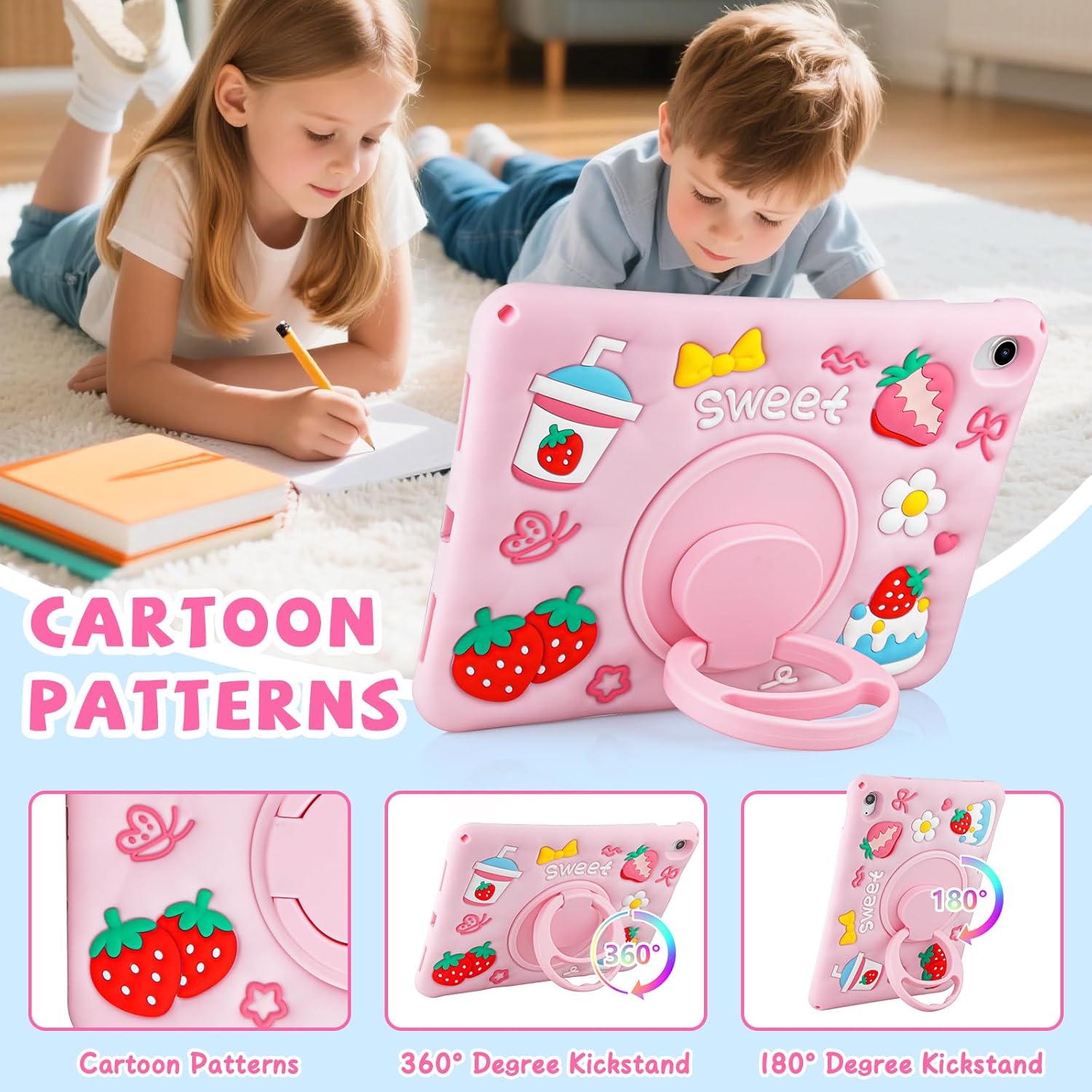 Husa de protectie pentru iPad Gen 11 (A16) de 11inch si iPad Gen 10 10, 9 inch, cu stand tip inel pliabil si rotativ, curea de umar detasabila, rezistenta la socuri, roz