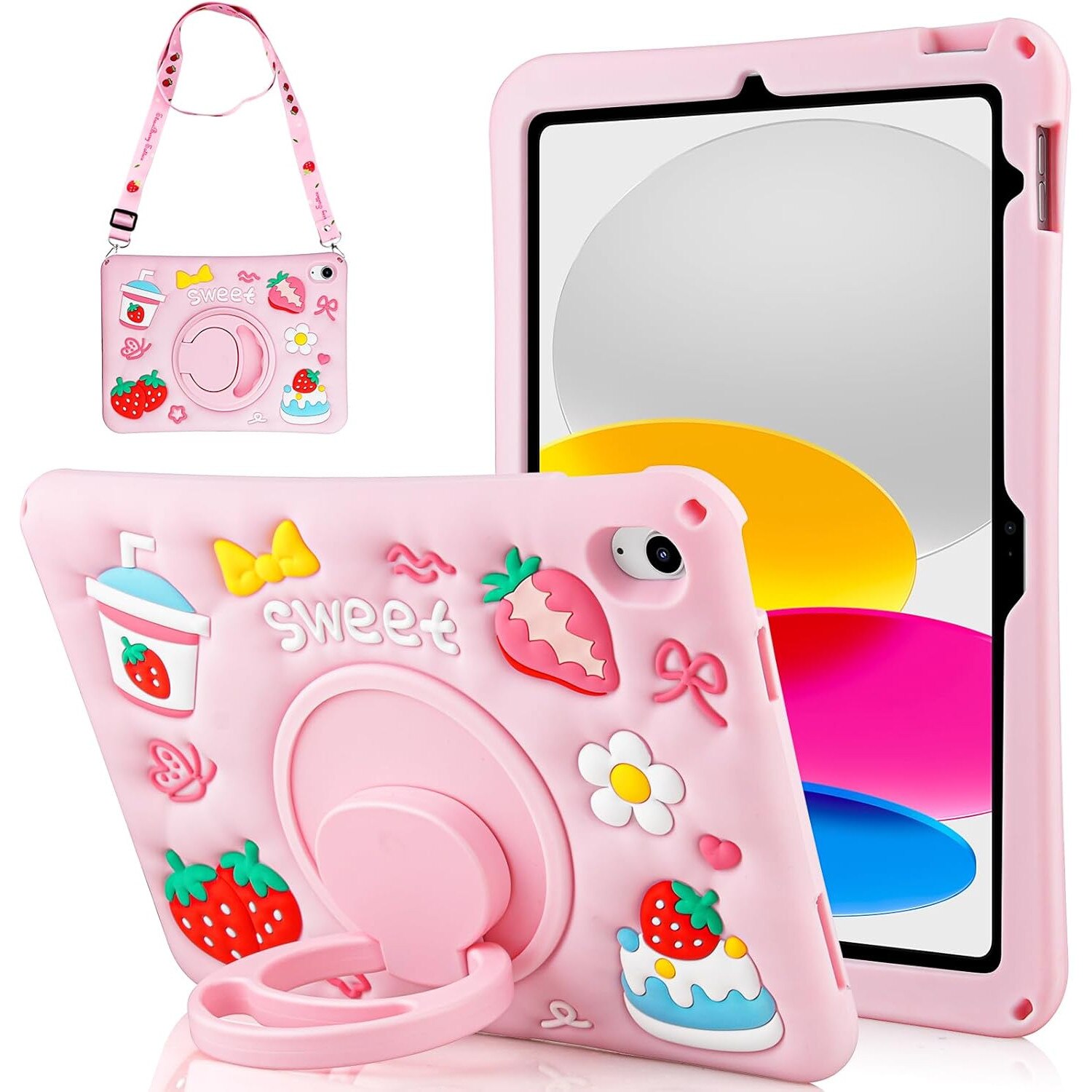 Husa de protectie pentru iPad Gen 11 (A16) de 11inch si iPad Gen 10 10, 9 inch, cu stand tip inel pliabil si rotativ, curea de umar detasabila, rezistenta la socuri, roz