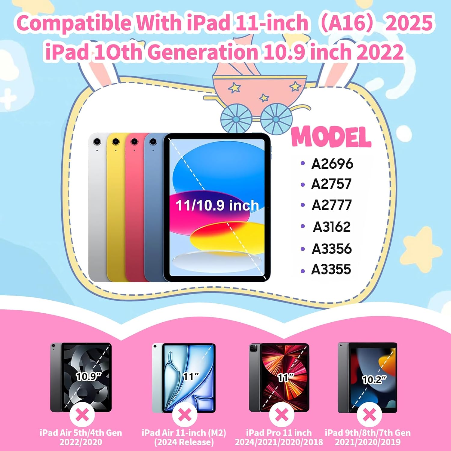 Husa de protectie pentru iPad Gen 11 (A16) de 11inch si iPad Gen 10 10, 9 inch, cu stand tip inel pliabil si rotativ, curea de umar detasabila, rezistenta la socuri, roz