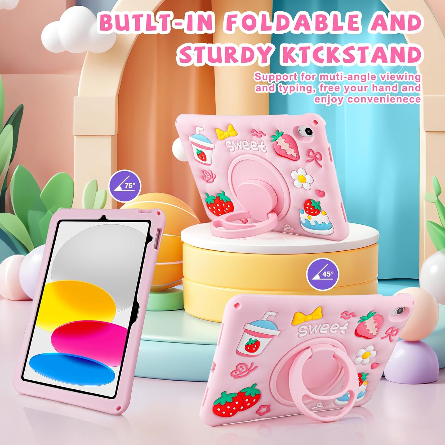 Husa de protectie pentru iPad Gen 11 (A16) de 11inch si iPad Gen 10 10, 9 inch, cu stand tip inel pliabil si rotativ, curea de umar detasabila, rezistenta la socuri, roz