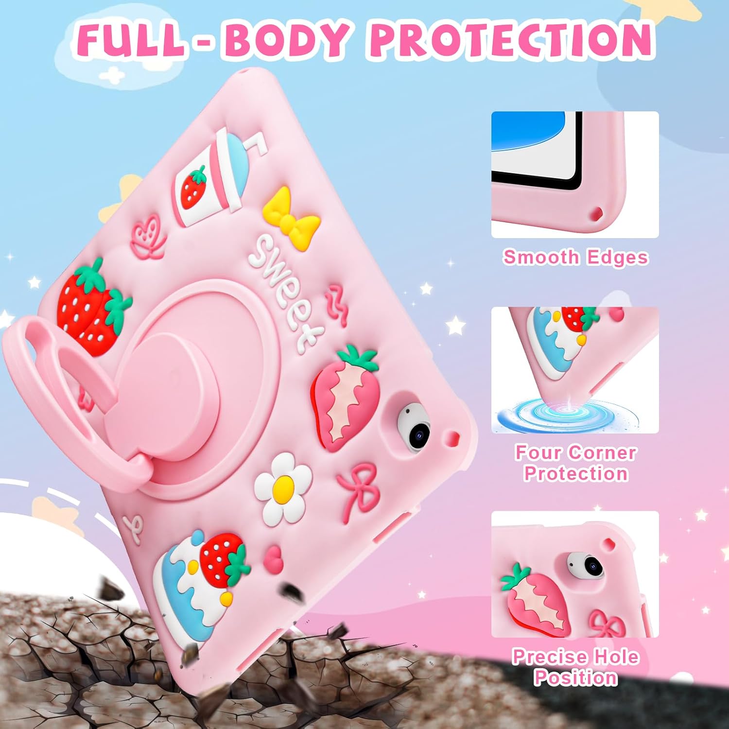 Husa de protectie pentru iPad Gen 11 (A16) de 11inch si iPad Gen 10 10, 9 inch, cu stand tip inel pliabil si rotativ, curea de umar detasabila, rezistenta la socuri, roz