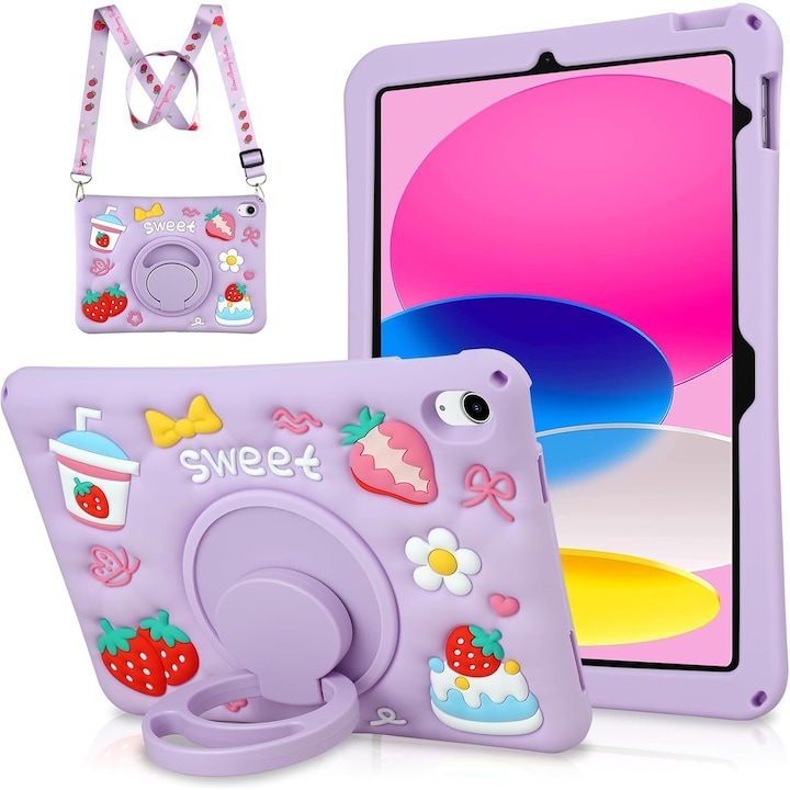 Husa de protectie pentru iPad Gen 11 (A16) de 11inch si iPad Gen 10 10,9 inch, cu stand tip inel pliabil si rotativ, curea de umar detasabila, rezistenta la socuri, mov