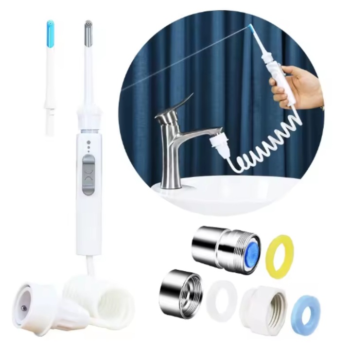 Irigator Oral pentru dus bucal, cu legare direct la bateria chiuvetei din baie, 2 capete interschimbabile, reglare debit de apa, pentru adulti si copii