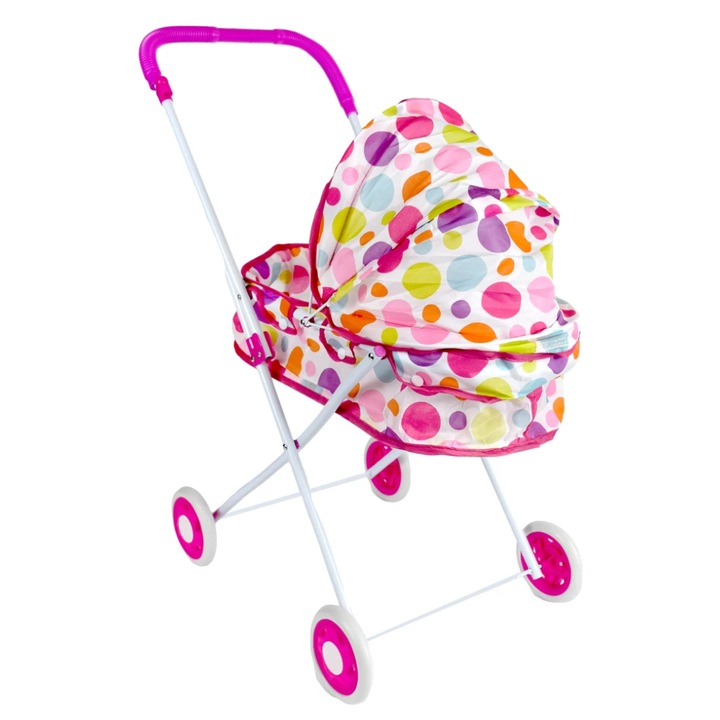 Carucior papusa, landou, GHEMOTOC®, pliabil, cadru metalic alb, roti cu diametrul de 12 cm, material textil