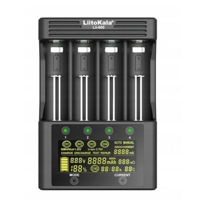 Incarcator universal pentru baterii Liitokala, 18650 26650 Lii-600, 4 canale, 250-3000 mA, LCD, 165x115x40mm