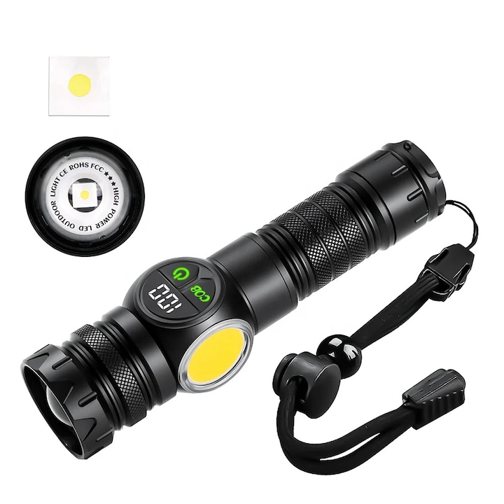 LED фенер със зуум, цифров дисплей на батерията и COB странична светлина, водоустойчив за открито, къмпинг и дейности на открито