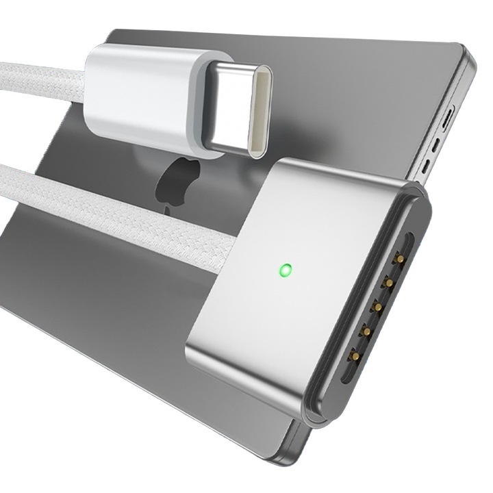 Magsafe 3 töltőkábel, AHA PRINT®, Apple Macbook Air / Pro készülékekhez, Max. 140W, USB C-Magsafe 3, PD 3.1, LED kijelzővel, Mágneses, MacBook Pro (2021) / MacBook Air (2022) és újabb modellekhez, A2442, A2485, A2681, Ellenálló textilborítású, 2m, Fehér