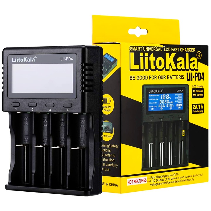 Универсално зарядно устройство за батерии 18650 18490, LiitoKala Lii-PD4, 4 канала, 2A, 147x100x37мм