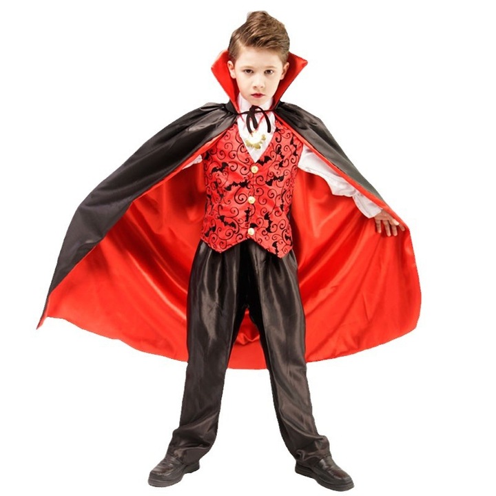 Set costum de vampir pentru baieti, costum de vampir pentru petrecere de Halloween, include pelerina, camasa, pantaloni, costum de Dracula pentru copii. 150cm