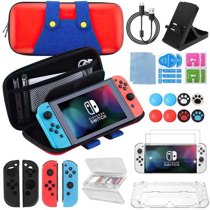 Kit de transport 25 in 1, WALALLA, protectie multistrat, rezistenta la socuri, pentru Nintendo Switch OLED