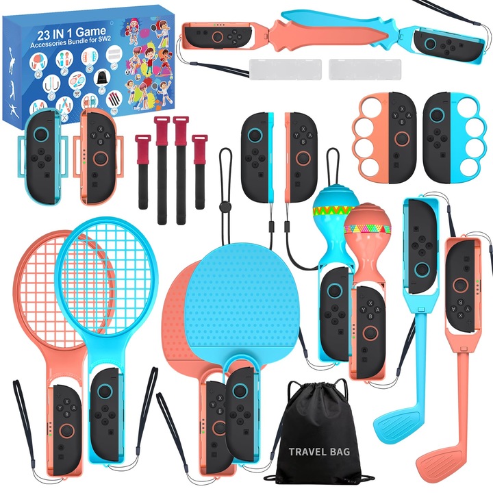 Set Accesorii 23 în 1, WALALLA, pentru Nintendo Switch 2, include rachete tenis, manere sabie, geanta storage, 30x20x15cm