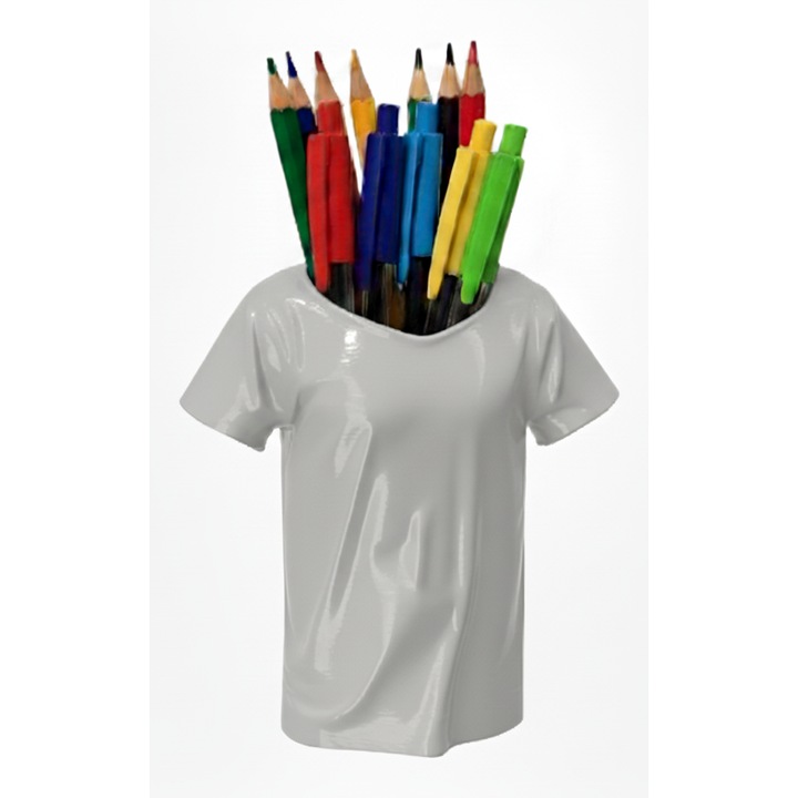 Suport creioane si pixuri sub forma de tricou, culoare gri, accesoriu haios si original pentru birou, cadou inedit pentru birou, scoala, profesor, serviciu, coleg, copii