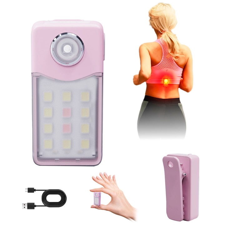 Мини фенерче с щипка BIZAIMO®, акумулаторно за бягане, USB-C, водоустойчиво IPX7, супер ярко, за джогинг, туризъм, разходки на кучета, детска безопасност през нощта, 3 режима, бяла или червена светлина, РОЗОВО