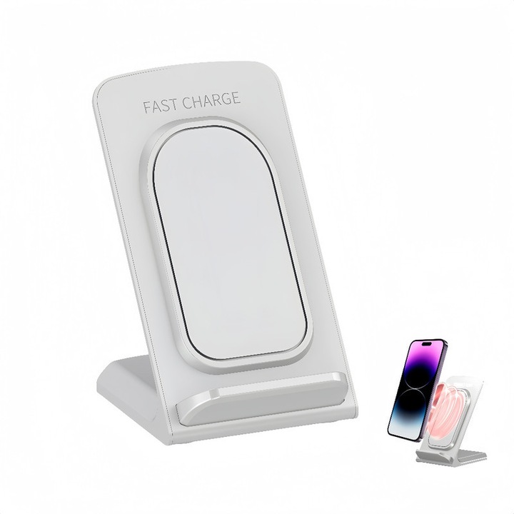 Incarcator Wireless, Statie de Incarcare Magnetica Qi Fast Charger 15W Incarcare Rapida, Suport de telefon, QC3.0, MagSafe, Compatibil cu iPhone, Android, Samsung, Alb
