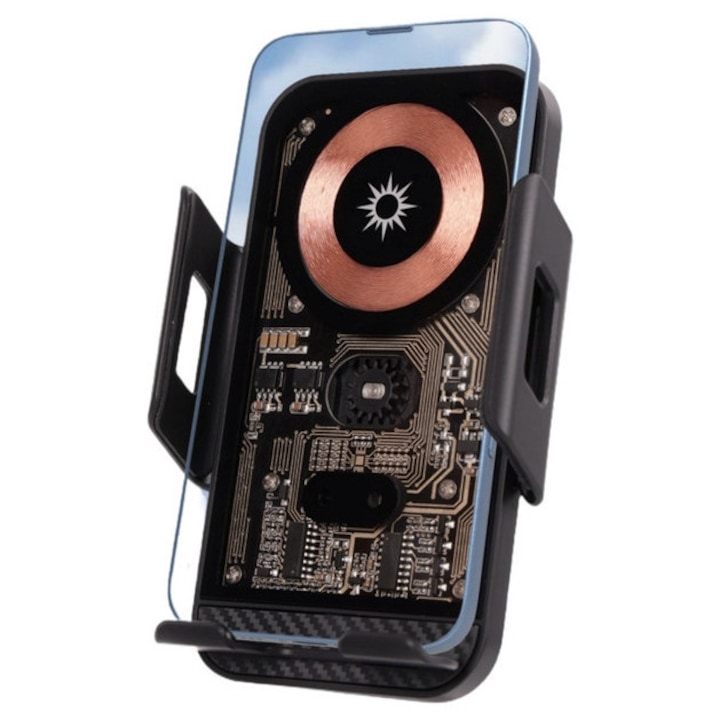 Suport auto cu incarcare wireless rapida de 15W, brate ajustabile automat, deschidere/inchidere complet automata, reglare 360°, sistem automat de control, stabil si anti-vibratii, compact, nu blocheaza gura de ventilatie, negru