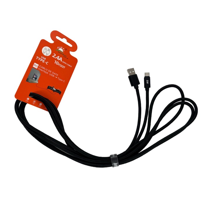 Cablu de date si incarcare rapida, USB la Type-C, 2.4A, 3m, Negru, rezistent textil