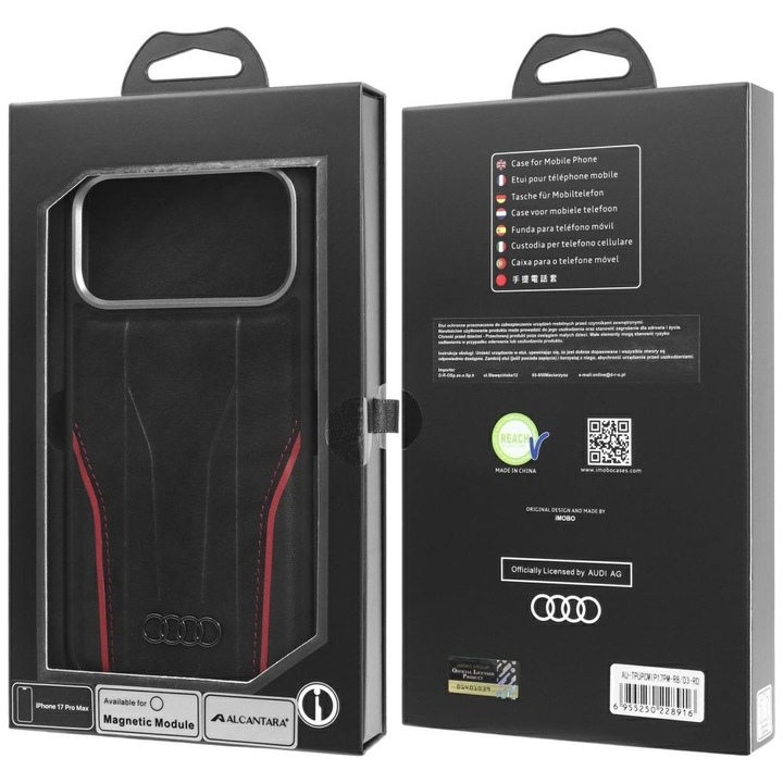 Кейс Audi, от естествена кожа с MagSafe, съвместим с iPhone 17 Pro Max, Черен