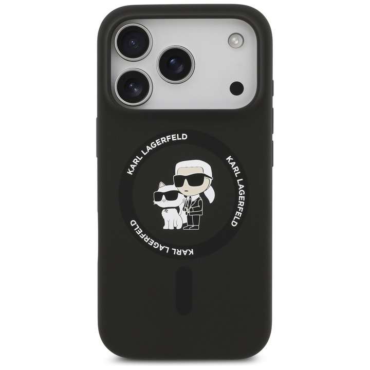 Karl Lagerfeld Szilikon Karl & Choupette MagSafe tok iPhone 17 Pro Max kompatibilis, Fekete