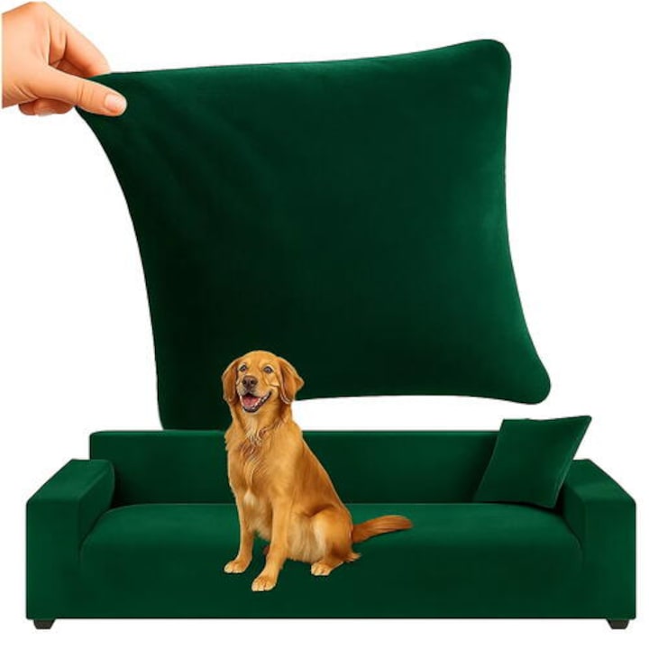 Husa elasticc din catifea pentru canapea 190-230 cm, Impermeabila + fata de perna, Verde