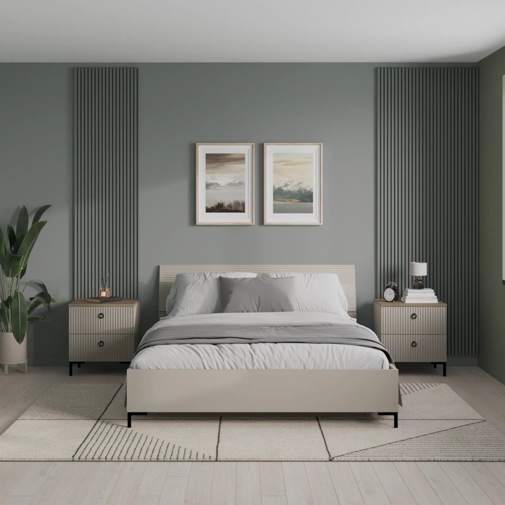 Set mobila dormitor Expomob DOMINICA, 3 piese, pat cu somiera rabatabila 160x200 cm, 2 noptiere, culoare taupe + stejar silverjack