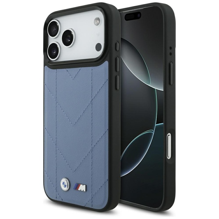 BMW tok, MagSafe-kompatibilis, iPhone 17 Pro Max-hoz, kék, ütésálló, öko bőr